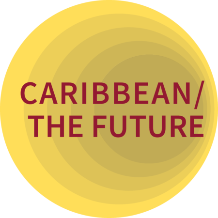 Yellow logo with radiating circles going from right to left with the words Caribbean/The Future in dark red.