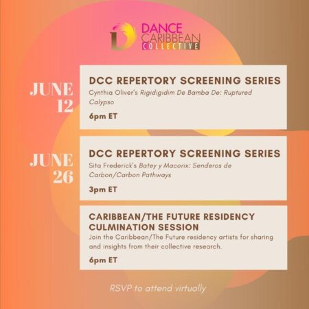 Pink and orange background flier with the Event Listing - June 12 DCC Repertory Screening Series, Cynthia Oliver, June 26 DCC Screening Series, Sita Frederick and Caribbean/The Future Space Residency Culmination Event. These listings are in a 3 three light tan boxes with brown font.